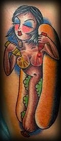 tattoo of anthropomorphic hot dog pinup girl enjoying her condiments